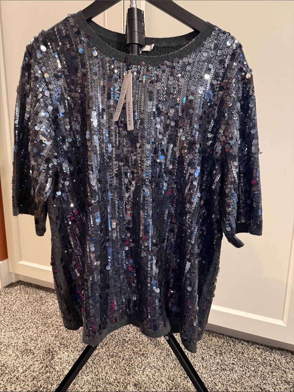 Chico’s Sequin Pullover Sweater Women’s Size 3 XL Black Graphite NWT